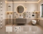 Luxury Beige Bathroom Design with Blue Floral Highlighter Tiles