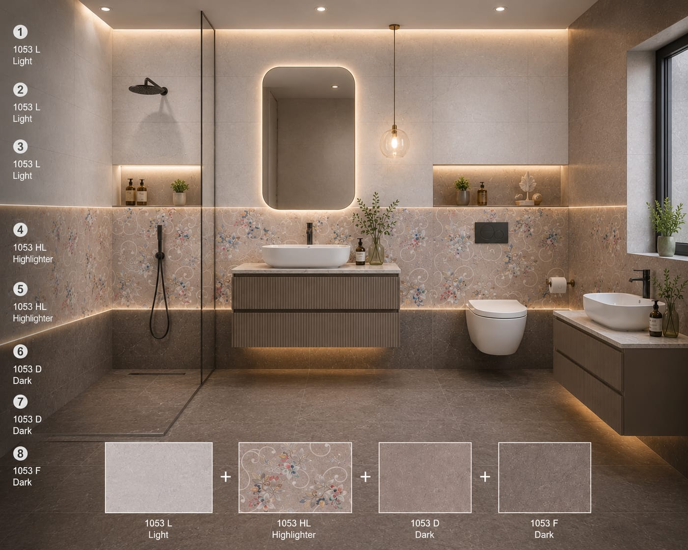 Modern Beige Bathroom Design with Elegant Floral Decorative Wall Tiles