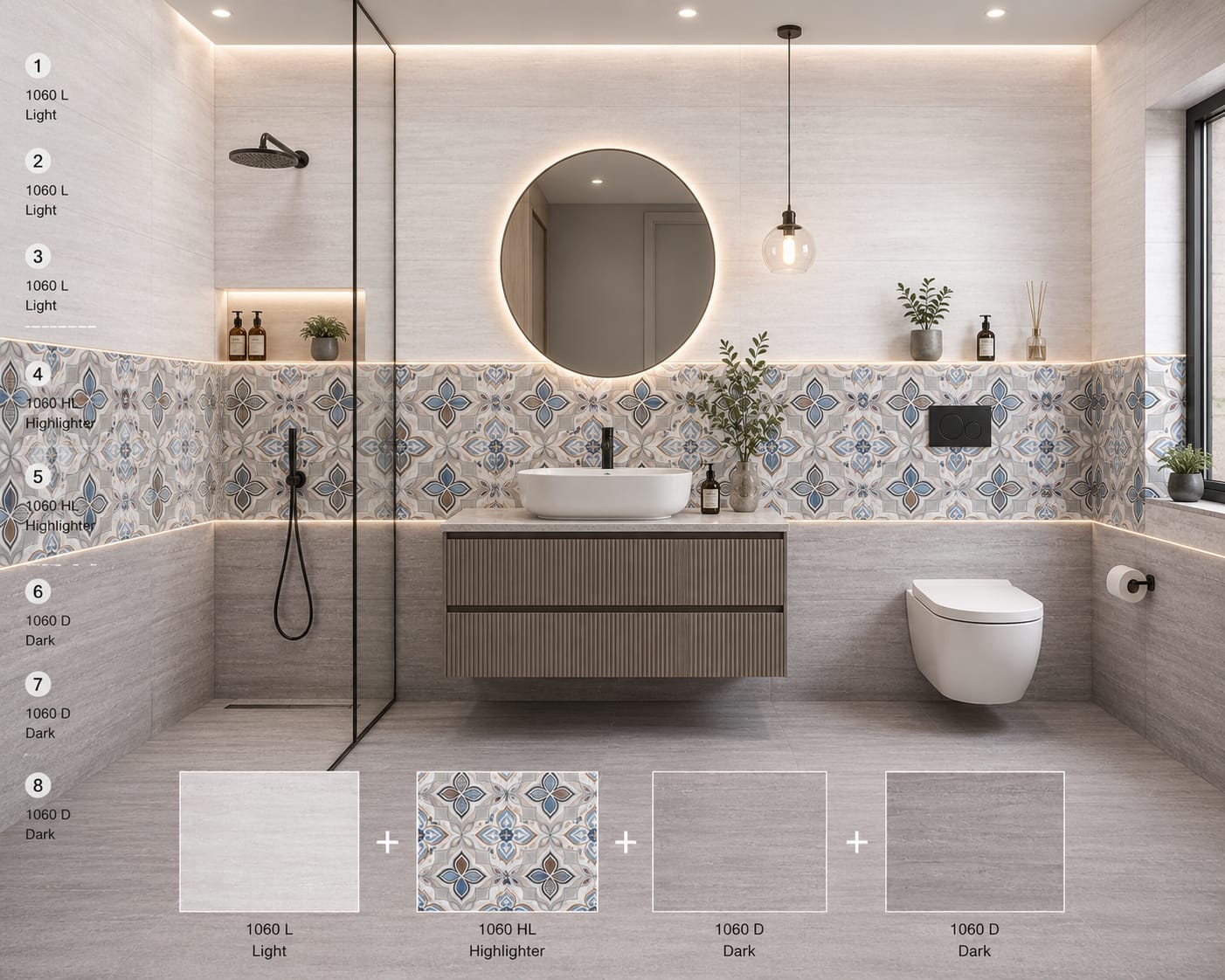 Modern Grey Bathroom Design with Moroccan Pattern Tiles